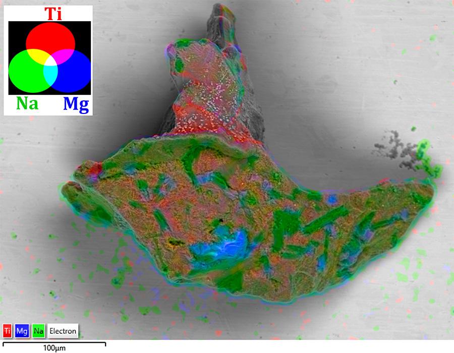 Showing chemical composition by EDS of particle from volcanic lava